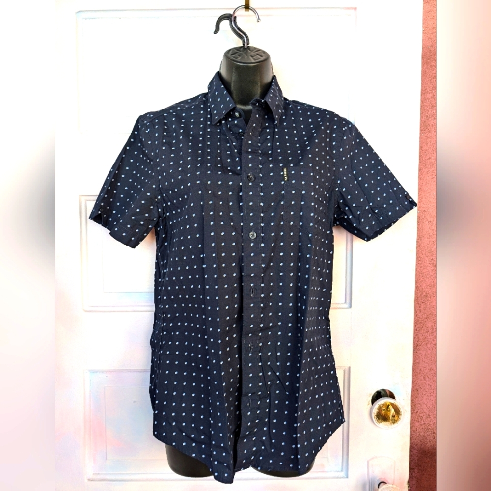 Ben Sherman Navy Blue Patterned Button Down Short Sleeve Shirt Small S
